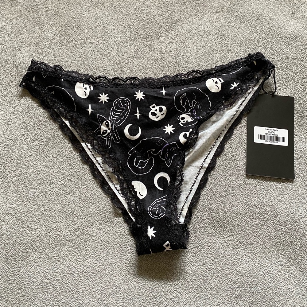 KillStar Purr-Off Black Thong Panties with White Celestial Cat Print - Picture 3 of 6